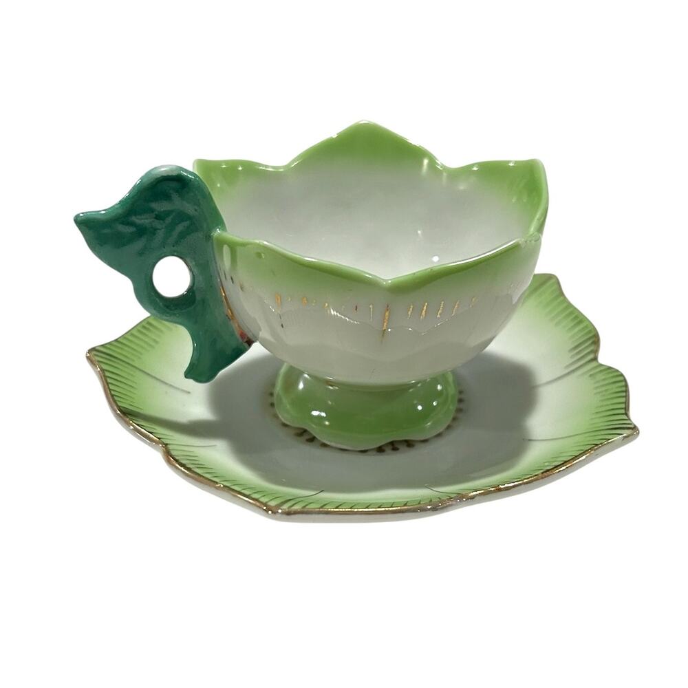 Vintage Merit Made in Occupied Japan Cup and Saucer Flower Shaped Green